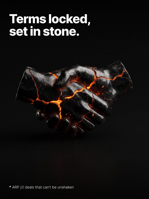A black advertisement displays a volcanic, magma-cracked handshake with the headline 'Terms locked, set in stone.' and a footnote '* ARP /// deals that can't be unshaken'.
