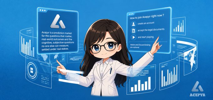 An anime-style illustration of a girl in a white lab coat and glasses pointing at holographic data screens, including a 'How to join Acepyr right now?' registration panel and an 'Acepyr is a prediction market' explanation.