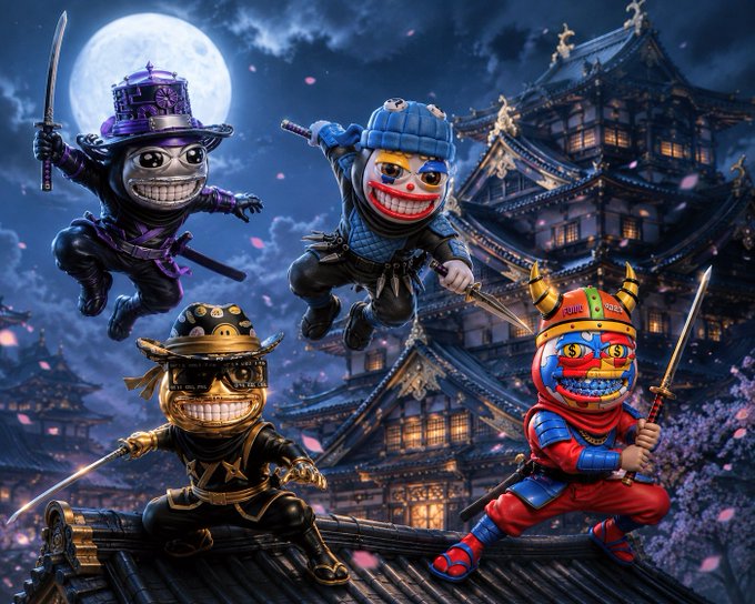 Vibrant digital art of four ninja-style characters wearing colorful, decorated masks and traditional warrior attire, posed action-ready on a rooftop with Japanese-style pagoda architecture and a full moon in the background.