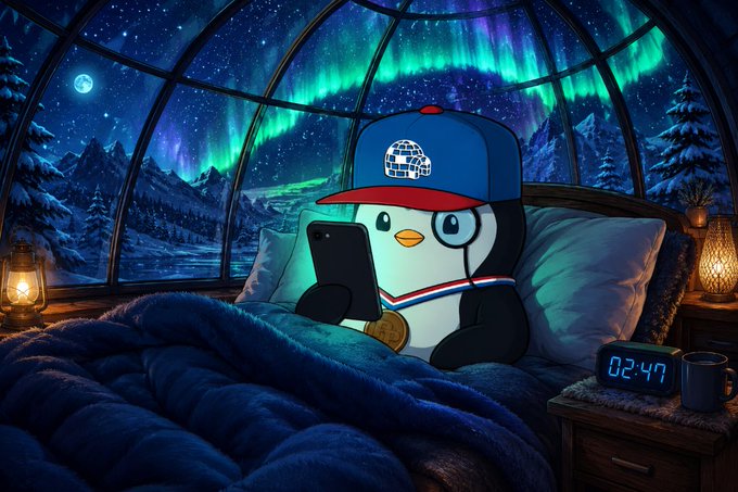 An illustrated penguin character wearing a blue baseball cap, lying in bed under a blue blanket and looking at a smartphone, with the aurora borealis and a crescent moon visible through a glass dome, and a clock showing '02:47'.