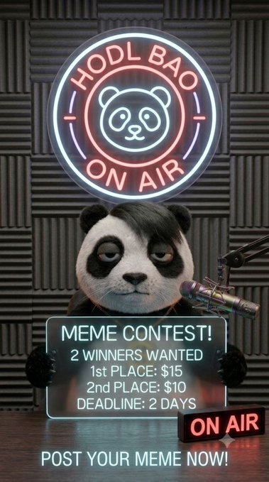 A panda mascot holds a sign announcing a "MEME CONTEST!" with a $15 first prize and $10 second prize, beneath a neon "HODL BAO ON AIR" sign and next to a microphone in a soundproof studio, promoting the live HODL BAO meme contest with a 2-day deadline.