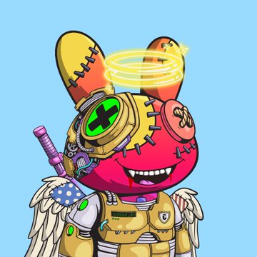 A digital illustration of a red stitched bunny character wearing goggles, a halo, wings, and a yellow outfit, holding a katana with a purple hilt.