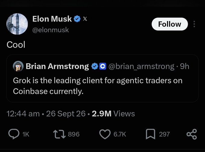A screenshot of a tweet from Elon Musk (@elonmusk) simply saying 'Cool' in response to Brian Armstrong (@brian_armstrong) who posted that 'Grok is the leading client for agentic traders on Coinbase currently.'