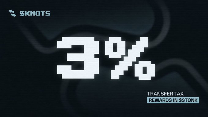 The image displays a pixelated "3%" in large white text against a dark background with the "$KNOTS" logo in the upper left corner. In the bottom right, text reads "TRANSFER TAX REWARDS IN $STONK," visually highlighting the post's key point that $KNOTS holders receive rewards in $STONK tokens rather than additional $KNOTS through its 3% transfer tax mechanism.