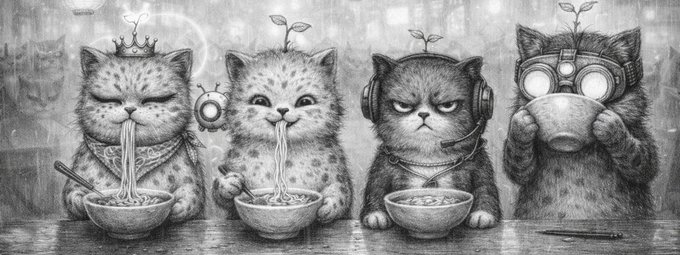 Four kittens with sprouts on their heads sit in a row eating noodles and cereal, decorated with crowns, goggles, and headphones. The whimsical sketch accompanies an NFT airdrop announcement, with the kittens' varied accessories representing the different traits available in the collection.