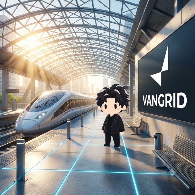 An illustrated scene shows a cartoon figure in black standing on a modern train platform with a bullet train, a 'VANGRID' sign with a play-button-style logo, and glowing blue lines on the floor.