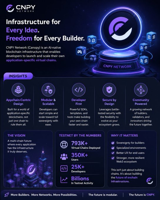 A promotional infographic for "CNPY Network" with the tagline "Infrastructure for Every Idea. Freedom for Every Builder," describing it as an AI-native blockchain for appchain-centric design with 793K+ Virtual Chains Deployed, 350K+ Users, 25K+ Developers, and Billions in Testnet Activity.