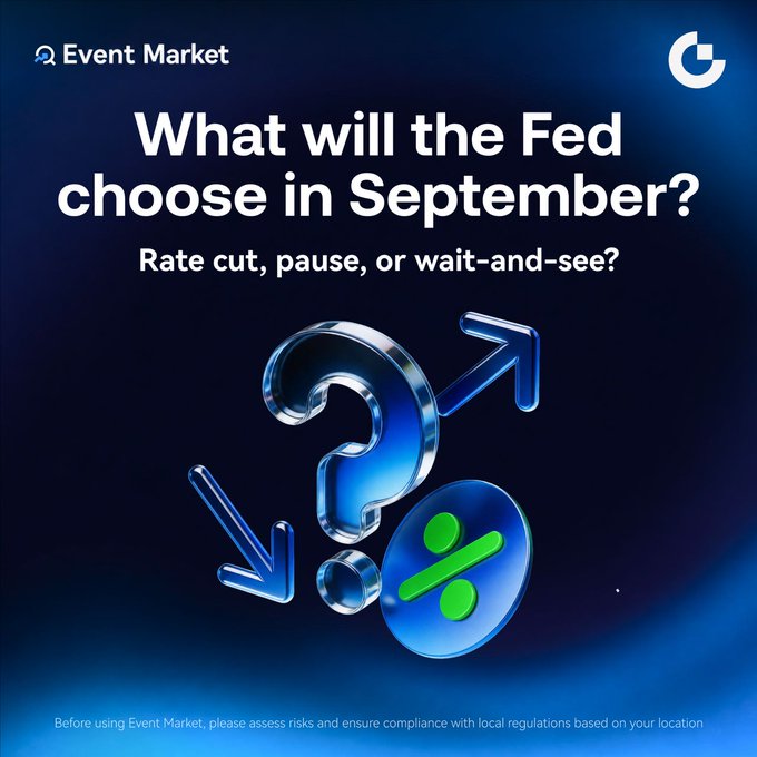 A promotional graphic for Gate.io's Event Market featuring a blue background with 3D icons of a question mark, up/down arrows, and a percentage symbol, headlined "What will the Fed choose in September?" with the subtitle "Rate cut, pause, or wait-and-see?"—illustrating the post's call for users to predict the Federal Reserve's September interest rate decision.