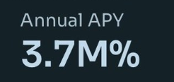 The image displays a dark badge reading "Annual APY 3.7M%", highlighting an annualized percentage yield calculated from a short 3-day return period. The astronomically high rate visually reinforces the post's joke about how annualizing a brief, strong performance window can produce absurdly large figures.