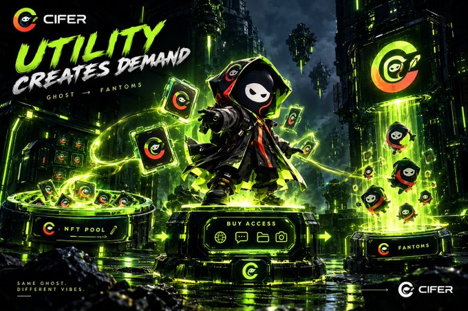 A promotional graphic for CIFER displaying the text "UTILITY CREATES DEMAND" and "GHOST -> FANTOMS," featuring a hooded character surrounded by floating NFTs, an "NFT POOL," and a "FANTOMS" portal in a neon green and black color scheme.