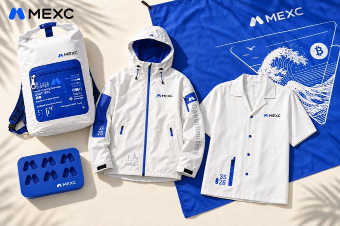 A promotional flat lay of MEXC-branded merchandise including a white drawstring bag, blue and white hooded jacket, blue and white beach towel with wave design, white shirt, and blue ice cube tray.