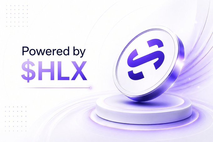 A promotional graphic with purple text reading 'Powered by $HLX' next to a 3D rendered coin displaying the HLX symbol on a white pedestal.