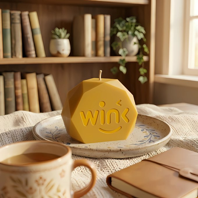 A yellow geometric candle with a smiley face and the word 'WIN' embossed on it, displayed on a decorative plate alongside a ceramic mug and book, with bookshelves and plants in the background.