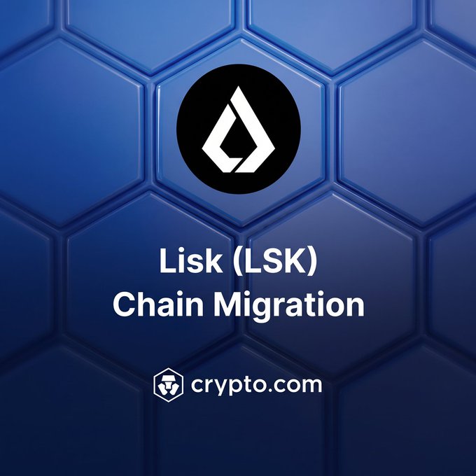 A promotional graphic from Crypto.com announcing its support for the $LSK (Lisk) chain migration, featuring the Lisk logo on a blue hexagonal background. The caption reads "Lisk (LSK) Chain Migration" and aligns with Crypto.com's post about supporting the migration, including a deadline of September 21 at 02:00 UTC for deposits/withdrawals and the conversion of LSK tokens to the Ethereum network at a 1:1 ratio.