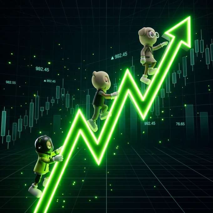 Three cartoon characters climb a glowing green upward-pointing arrow against a financial candlestick chart with price values like 992.45 and 76.65 visible.