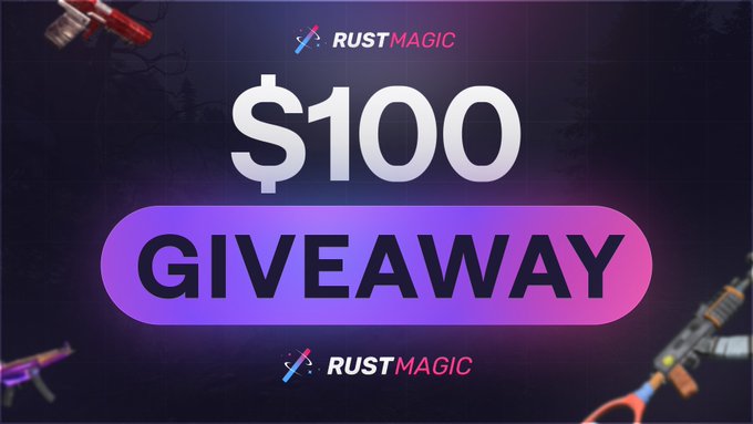 Promotional graphic for a "$100 GIVEAWAY" by RustMagic, featuring the brand's wand logo with stylized game weapon graphics in the corners against a dark background. The bold "$100" text and purple "GIVEAWAY" banner highlight the prize amount mentioned in the accompanying Twitter giveaway post.