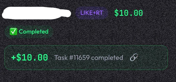 A task completion notification showing '+$10.00 Task #11659 completed' with a green 'Completed' badge and a 'LIKE+RT' task worth $10.00.