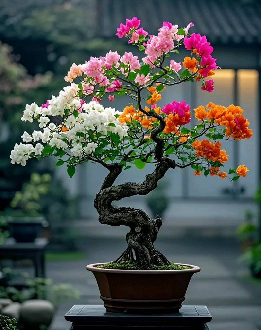 urn with pink and white flowers sits on a black pedestal, surrounded by lush greenery and a building backdrop.