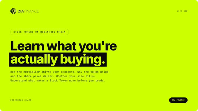 Zia Finance banner with the headline "Learn what you're actually buying," advising users on Stock Tokens on Robinhood Chain, noting a "LIVE NOW" status.