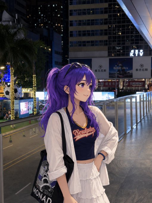 A purple-haired anime-style girl in a "Sculptor" crop top and white cardigan poses on a Shenzhen overpass at night, carrying a black tote bag labeled "MONAD." The background features city lights, billboards with Chinese text including "泰兰尼斯" and "RTHC," reflecting her day 2 milestone of the @0xAlphaGEMs fitness challenge in China.