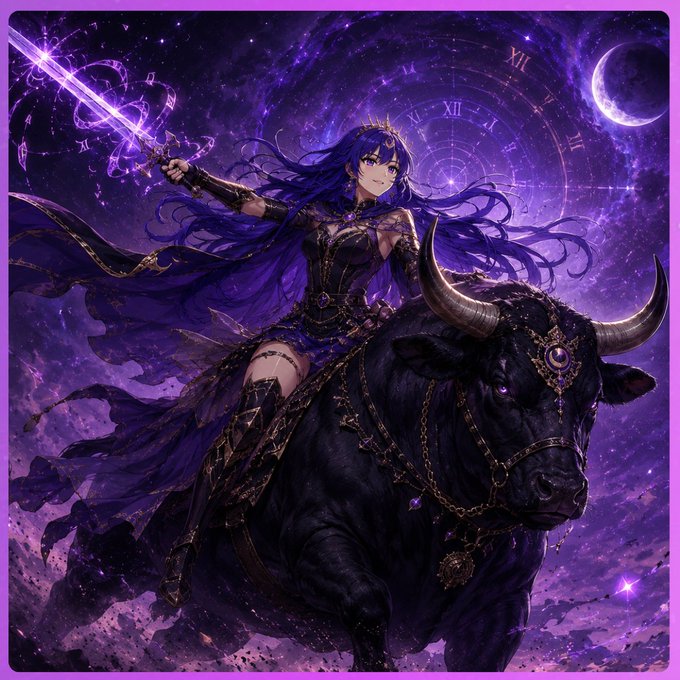 Anime-style fantasy artwork of a blue-haired woman wielding a glowing purple sword while riding a black bull, with a clock face and crescent moon in the cosmic background