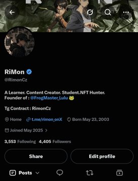A Twitter/X profile page for 'RiMon' (@RimonCz), described as 'A Learner. Content Creator. Student. NFT Hunter' and Founder of #FrogMasterLulu, with 3,553 following and 4,405 followers.