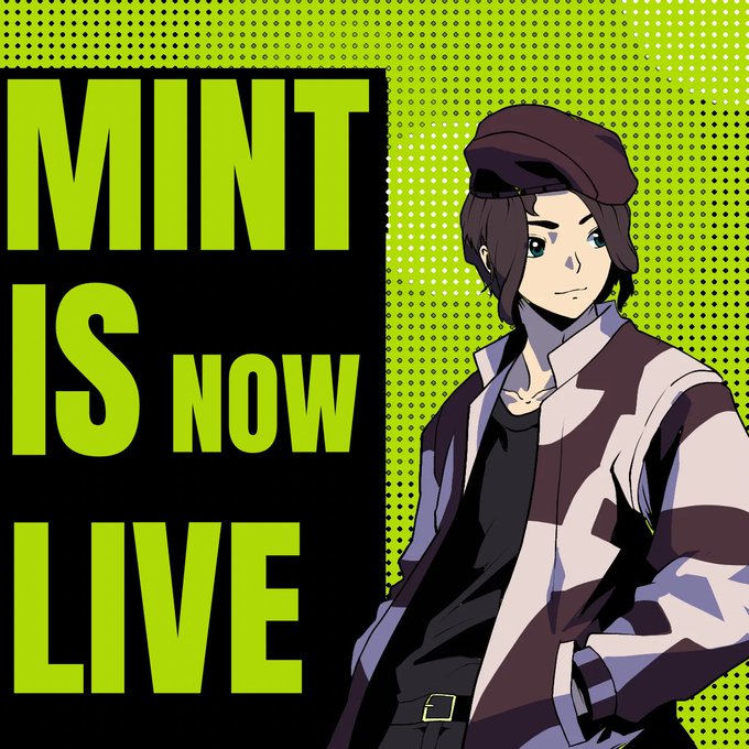 An anime-style character wearing a cap and jacket poses confidently against a neon green halftone background, with bold text reading "MINT IS NOW LIVE" promoting the launch of the "Tsuki" NFT collection on OpenSea.
