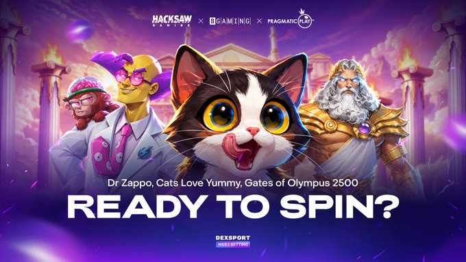 A purple-themed online slot game promotional banner features characters including Dr Zappo, a cat, and a Greek god, with the text "READY TO SPIN?" and logos for Hacksaw Gaming and Pragmatic Play.