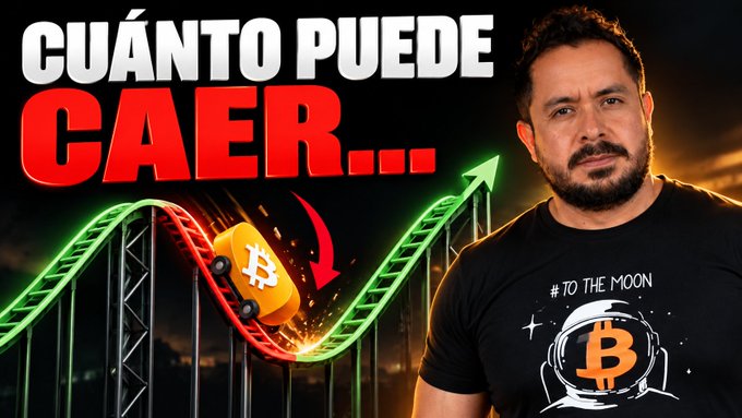 A YouTube thumbnail featuring a bearded man in a "# TO THE MOON" Bitcoin t-shirt next to a roller coaster graphic with a Bitcoin crashing down, headlined "CUÁNTO PUEDE CAER..." (How much can it fall). The image illustrates the post's warning about a potential pre-November Bitcoin pullback, with the STH indicator at $73K cited as the worst-case scenario and bonds flagged as the possible trigger.