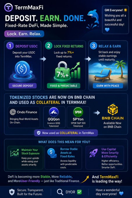 The image shows a poster for Termmaxfi's fixed-rate deFi service. The poster features a blue background with white text that explains the process of depositing USDC into the platform, locking the funds, and earning interest on them. It also includes a list of benefits such as flexibility, security, and ease of use. The poster is designed to attract attention and inform potential users about the service offered by Termmaxfi.