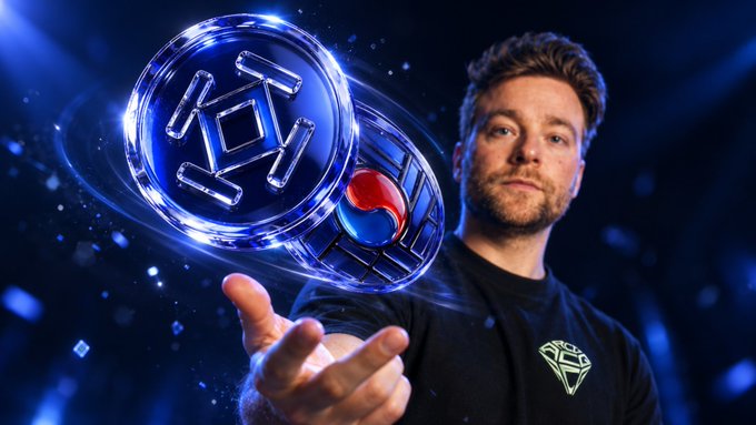 A man holds glowing, holographic coins featuring the Korean won symbol and South Korea’s taegeuk emblem, visually illustrating the tokenization of the won-backed stablecoin. The post identifies the token as $KRW1, issued by BDACS Korea on Injective with reserves held at a major Korean bank.