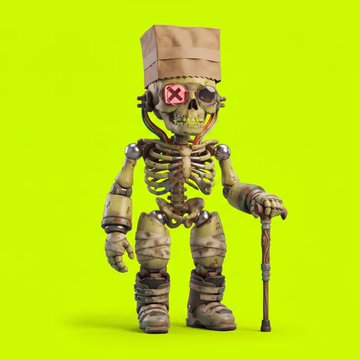 A 3D-rendered zombie character dressed in military gear with a paper bag over its head, featuring a red "X" over one eye, stands holding a cane against a bright green background. The post promotes an NFT mint opportunity for the $WIF collection, with the skeletal soldier artwork serving as a creative visual tied to the collection's theme.