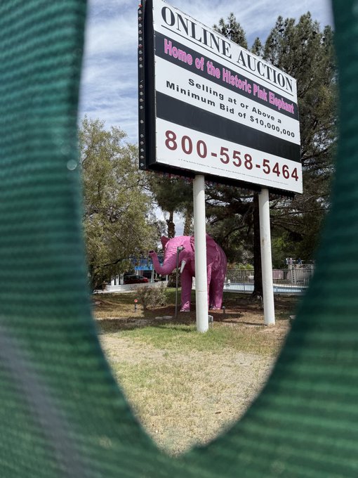 A pink elephant statue stands beneath a sign reading 'ONLINE AUCTION - Home of the Historic Pink Elephant - Selling at or Above a Minimum Bid of $10,000,000 - 800-558-5464', framed through a hole in a green mesh barrier.