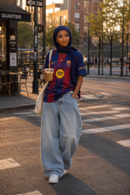 A woman wearing a hijab, Barcelona FC jersey with Spotify logo, baggy jeans, and white sneakers, walking across a street while holding an iced coffee.