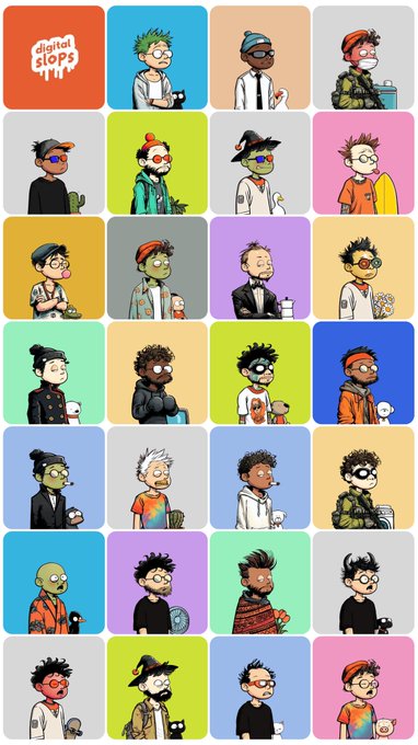 A grid of colorful cartoon NFT character portraits on various colored backgrounds, featuring a 'digital slops' logo in the top left corner.