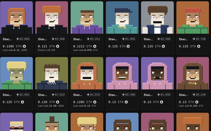 A grid of pixel-art character NFTs, likely CryptoPunks, displayed for sale with prices in ETH ranging from 0.1205 to 0.13 ETH and USD prices from around $1,661 to $2,740.
