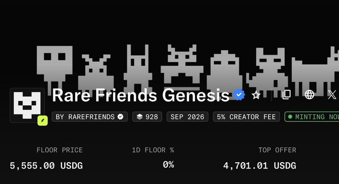 Screenshot of a digital collectible listing for 'Rare Friends Genesis' showing a pixel art skeleton, with a floor price of 5,555.00 USDG, 1D floor change of 0%, and top offer of 4,701.01 USDG.