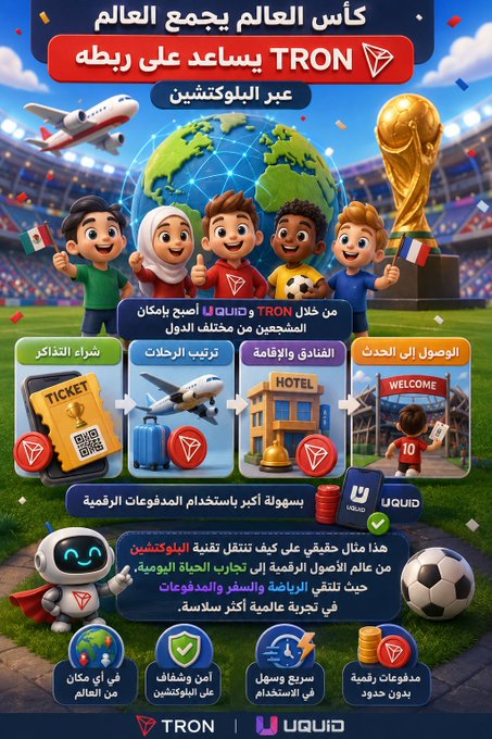 The image features a poster for a children's soccer game that includes a cartoon of kids playing soccer and a globe. The poster also has text in Arabic, which may be related to the World Cup or the event being advertised. The caption at the bottom of the poster reads "Have you ever imagined that blockchain could become part of your journey to the World Cup? #TRON @TronDao_AR @TronGlobalFriends @uquidcard While millions follow the world's biggest sporting event, #TRON is working with UQUID to facilitate fans' experiences".
