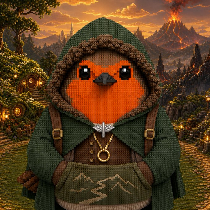 A pixelated/cross-stitch style illustration of a hooded bird-like character (resembling a robin) with an orange face, brown beak, and green cloak, set against a fantasy backdrop with a volcanic mountain.