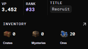 The screenshot displays a gamer profile on Legion, showing a VP score of 3,452, rank #33, and a "Recruit" title, along with an inventory containing 0 crates, 0 mysteries, and 20 ore. This represents the user's early progress on Legion, where they have begun completing quests and accumulating rewards like ore while engaging with the platform's ecosystem and upcoming launches such as $JUMP.