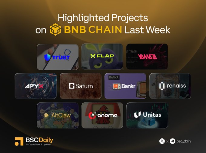 The image features a poster for Bitcoin Cash's latest project on BNB Chain. The poster highlights the projects that have been completed or are currently underway, including one called @BNBCHAIN This Week which focuses on highlighting projects related to Bitcoin Cash. The poster also mentions that @flapdotsh is bringing real-world assets on-chain with FLAP Stocks Vault and that @TrustWallet became one of the first self-custody wallets to integrate agent payments via Binance x402 on BNB Chain, which are all relevant to the current post.