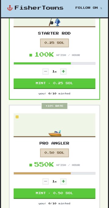 The image shows a "FisherTowns" NFT marketplace page displaying two fishing NFT options: a "Starter Rod" for 0.25 SOL yielding 100K $FISH/hour, and a "Pro Angler" for 0.50 SOL yielding 550K $FISH/hour, with mint buttons for both. This relates to the post by showcasing the available NFT purchase options to join the game and start earning $FISH rewards in preparation for the token launch.