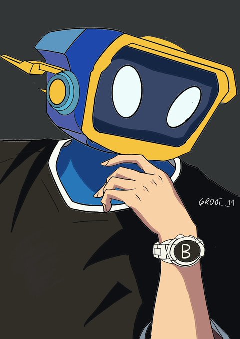 An artistic illustration depicts a blue and yellow robotic character with glowing white eyes, wearing a black shirt and a white wristwatch with a 'B' logo, signed 'GROOT.11'.