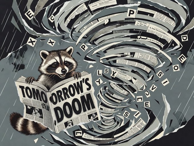 An illustrated graphic of a raccoon reading a newspaper titled 'TOMORROW'S DOOM' amid a swirling tornado of papers and scattered letters, set against a rainy dark background.