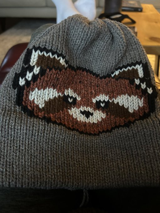 A brown knit beanie features a chunky colorwork design of a red panda face with cream markings and dark eyes, worn by someone in a cozy indoor setting. The handcrafted hat visually embodies the "red panda" reference in the post, which reflects on the Xoge community's self-reliant, under-the-radar identity while jokingly noting the coincidental overlap between their mascot and broader internet "vibes."