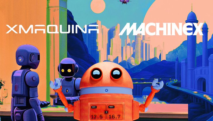 The image features a poster or advertisement for a new video game called "MachineX". The poster showcases three robots, one orange and two blue, standing next to each other with the text "XmQUINA MACHINEX" written on them. The background of the poster is filled with buildings and mountains, creating an urban setting that complements the gaming theme. The image also includes a post about trading tokens for the game, which suggests that players can potentially trade tokens related to the game's mechanics or virtual currency for real-world money.
