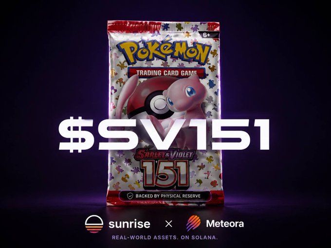 The image is a promotional image for Pokémon trading card game, specifically featuring a toy Pikachu figurine with a price tag reading $SV151. The packaging includes 100% of a Pokémon trading card game set and is being sold via Kickstarter, which has a goal of raising $1.21M over 3 months to fund the development of this trading card game.