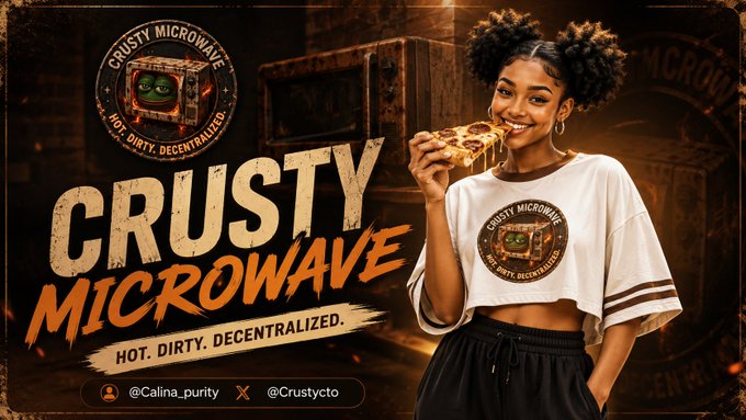A promotional graphic for "CRUSTY MICROWAVE" featuring a smiling young woman eating a slice of pizza next to a cartoon microwave character and the tagline "HOT. DIRTY. DECENTRALIZED."