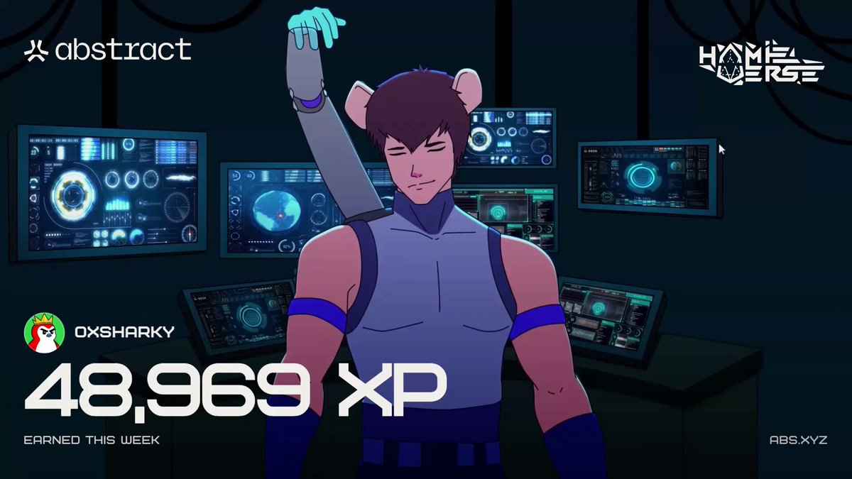 The image features a cartoon man with a mouse as his sidekick, standing against a dark background. The man has a blue shirt and is holding up his arm. There are multiple monitors behind him, suggesting that they might be in a room or office setting. A banner at the bottom of the image displays text related to the post, including "I've got 48,969 XP on @AbstractChain" and "@AbstractChain", as well as "Collected Stubs on @Hamieverse". The man is also wearing a wristband with the number 48,969 on it.