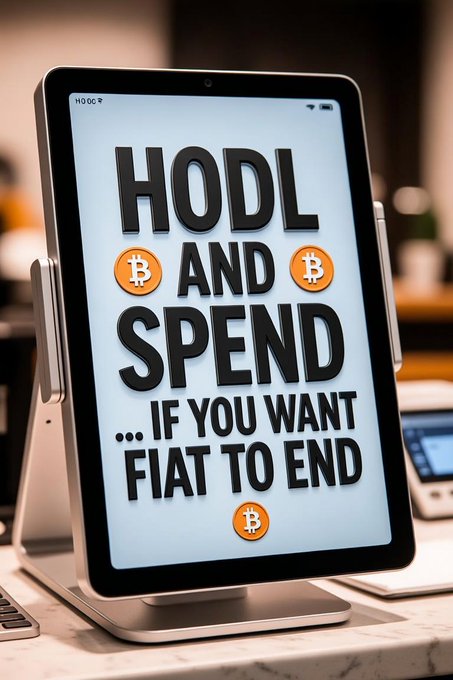 A tablet on a stand displays the bold text 'HODL AND SPEND... IF YOU WANT FIAT TO END' alongside several Bitcoin logos.
